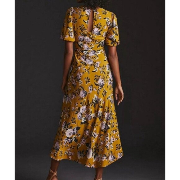 Anthropologie Maeve Midi Dress Size 14 Hi-Low Puff Sleeve Mustard Gold Floral - Picture 13 of 13